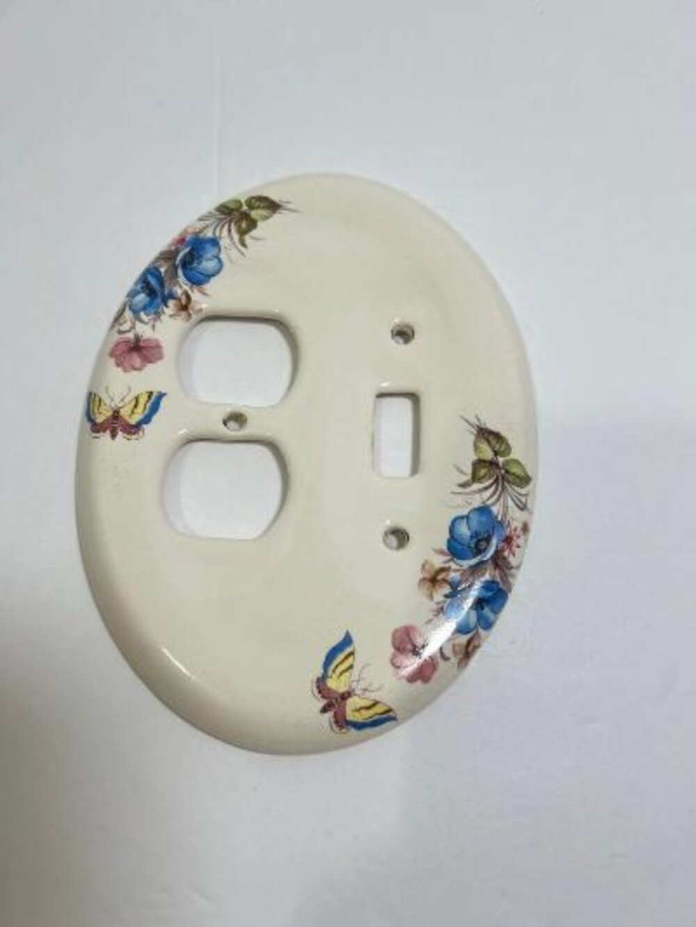Vintage Porcelain Ceramic Oval Floral Butterflies Double Outlet & Single Switch